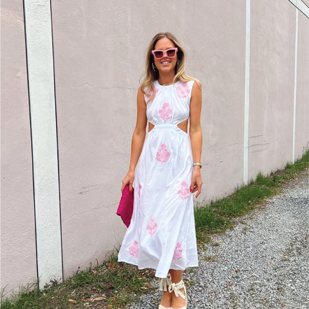 Chakeris Ansley White and Pink Sleeveless Sundress Midi Size L